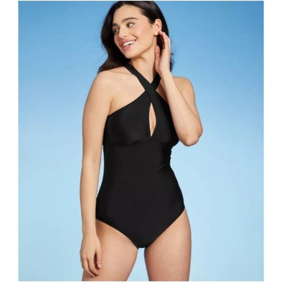 Kona Sol Women's Keyhole Cross Neck Medium Coverage One Piece Swimsuit Black XS - Picture 1 of 7